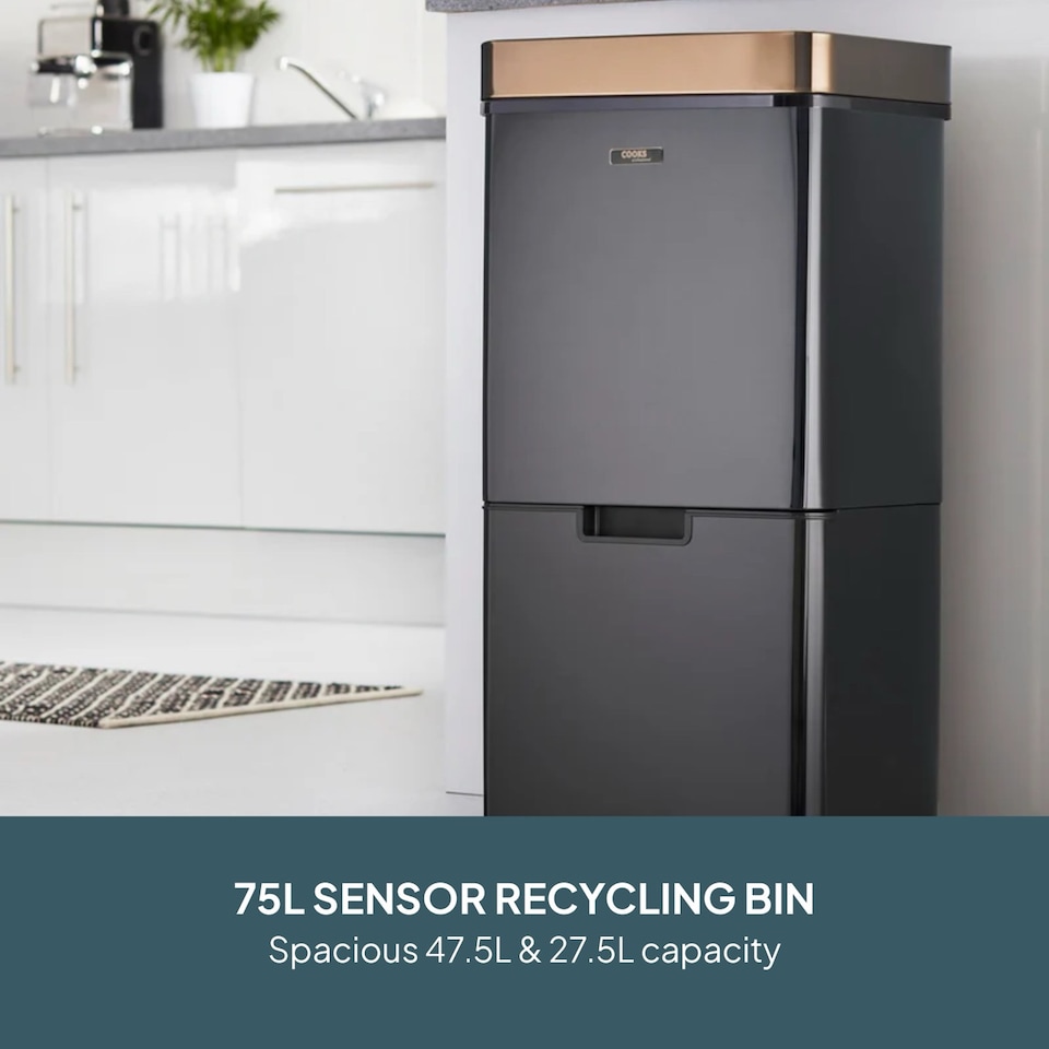 image 1 of Cooks Professional Recycling Sensor Bin 75L with Dual Compartments & Food Caddy | Black | Black & Copper