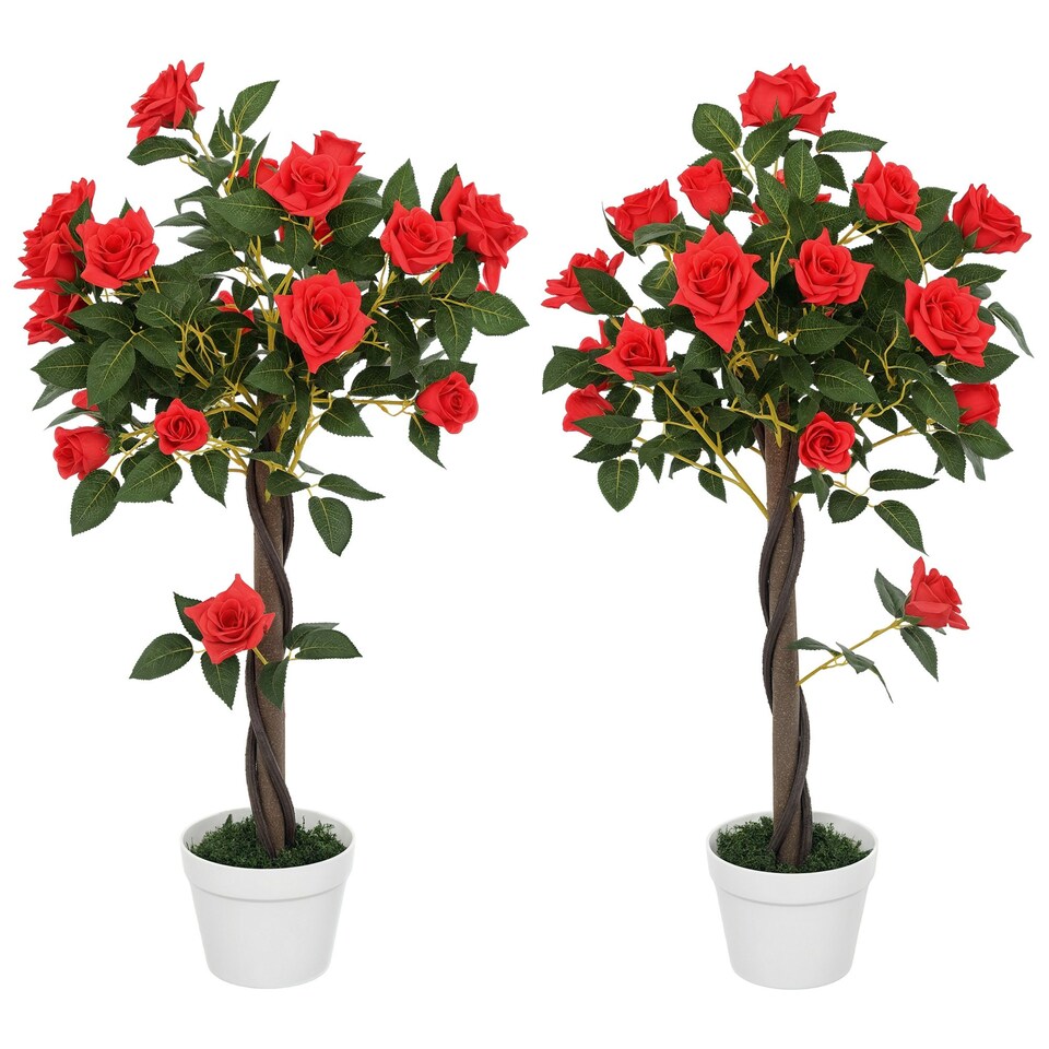 image 1 of Outsunny Set of 2 90cm Artificial Rose Tree, Fake Decorative Plant, Red