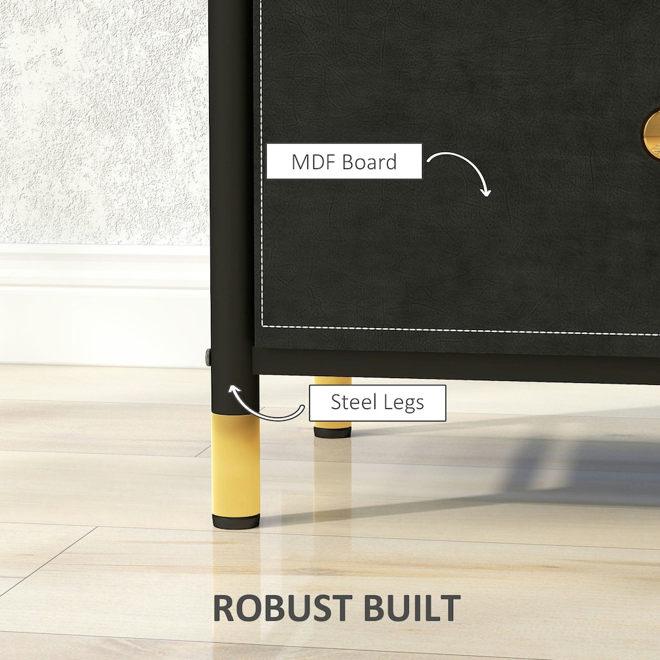 image 1 of HOMCOM PU Leather Bedside Table with 2 Drawers and Steel Legs, Black