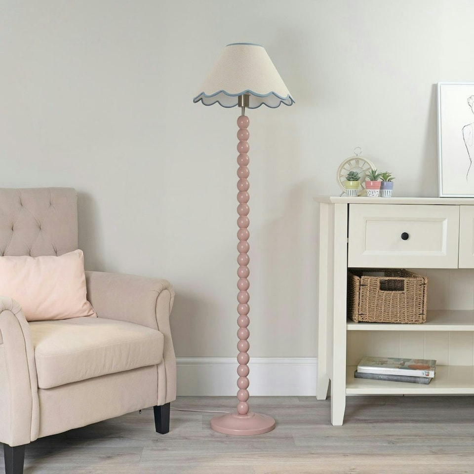 image 1 of ValueLights Bobbles Rose Pink Bobbin Floor Lamp with Blue Trim Scallop Shade