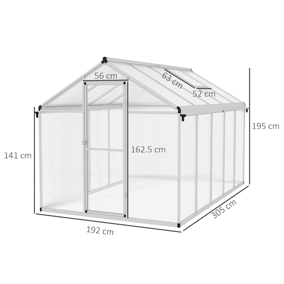 image 1 of Outsunny 10x6ft Aluminium Greenhouse with Door Window Galvanised Base PC Panel