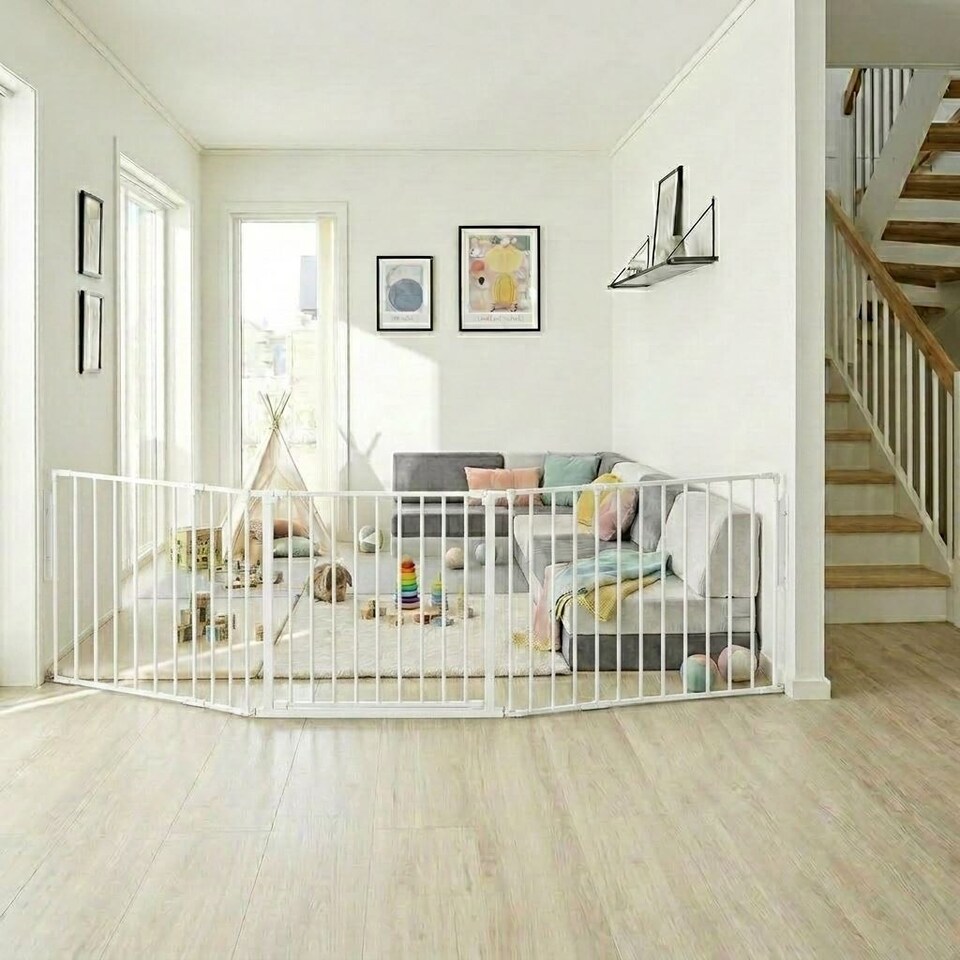 image 1 of Safetots Premium Multi Panel Room Divider, up to 370cm Wide, White, 70cm Tall, Flexible Barrier with Door for Baby and Toddler