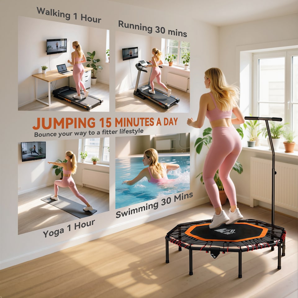 image 1 of HOMCOM 48" Octagonal Mini Fitness Trampoline Rebounder Indoor Outdoor Foldable Mini Jumper with Adjustable Handle, Max Load 150 KG, Orange