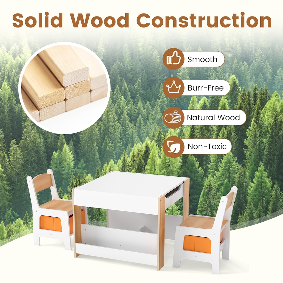 image 1 of COSTWAY Kids Table and 2 Chairs Set Multifunctional Natural