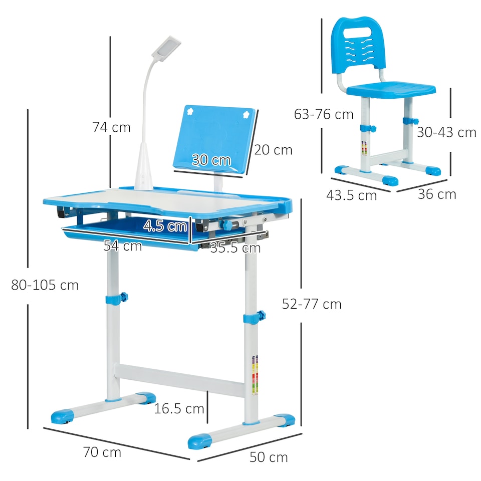 image 1 of HOMCOM Kids Study Desk and Chair Set w/ USB Lamp, Adjustable Height, Blue