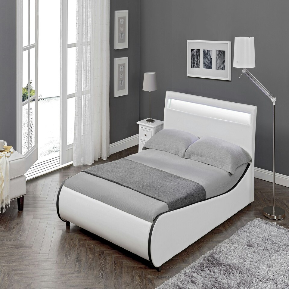 image 1 of Orion LED Lights Headboard Gaming Style White/Black Faux Leather Bed Frame (Double) | White | White | Double