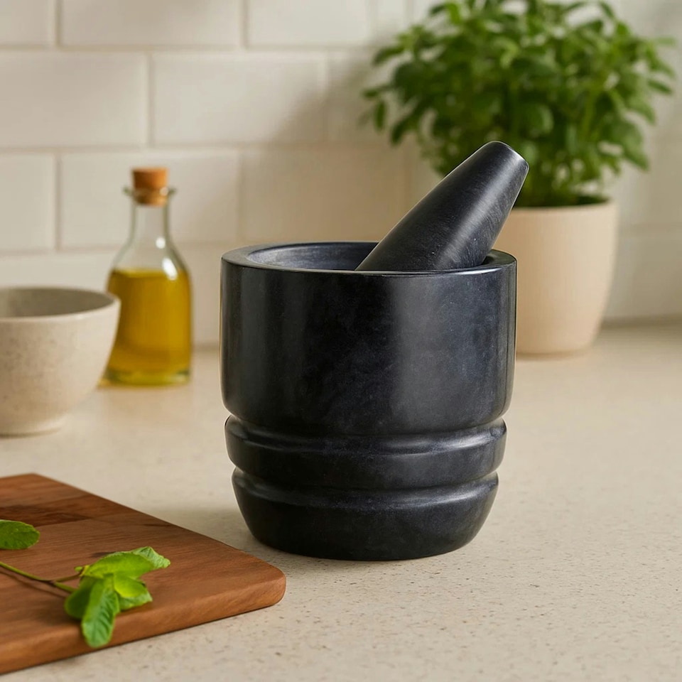 image 1 of Interiors By Premier Black Marble Textured Mortar And Pestle, Durable Natural Stone Grinder For Kitchen Use