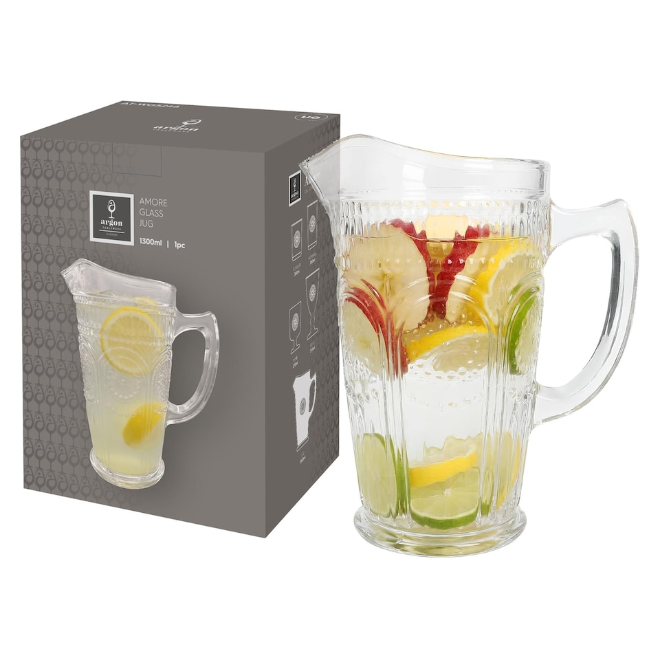 image 1 of Argon Tableware Amore Ribbed Glass Water Jug - 1.3L | Clear | Clear | 4