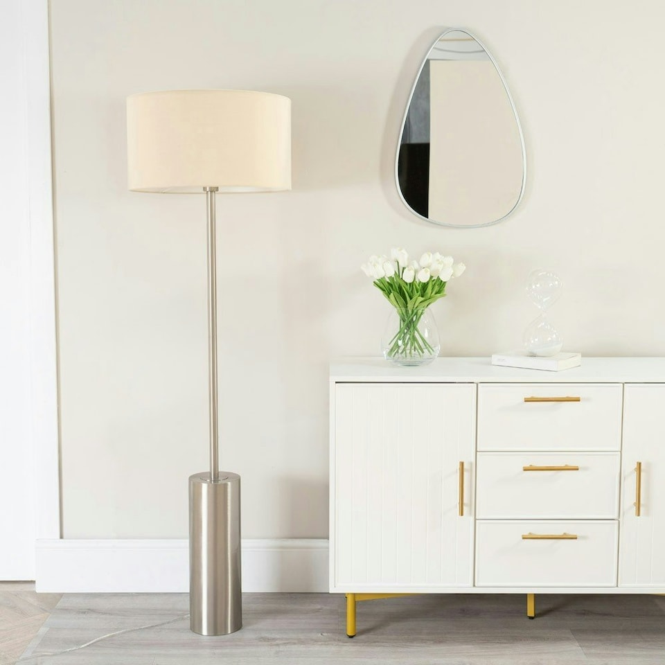 image 1 of ValueLights Lexy Natural Fabric Drum Shade with Brushed Chrome Dimmable Floor Lamp with LED Bulb