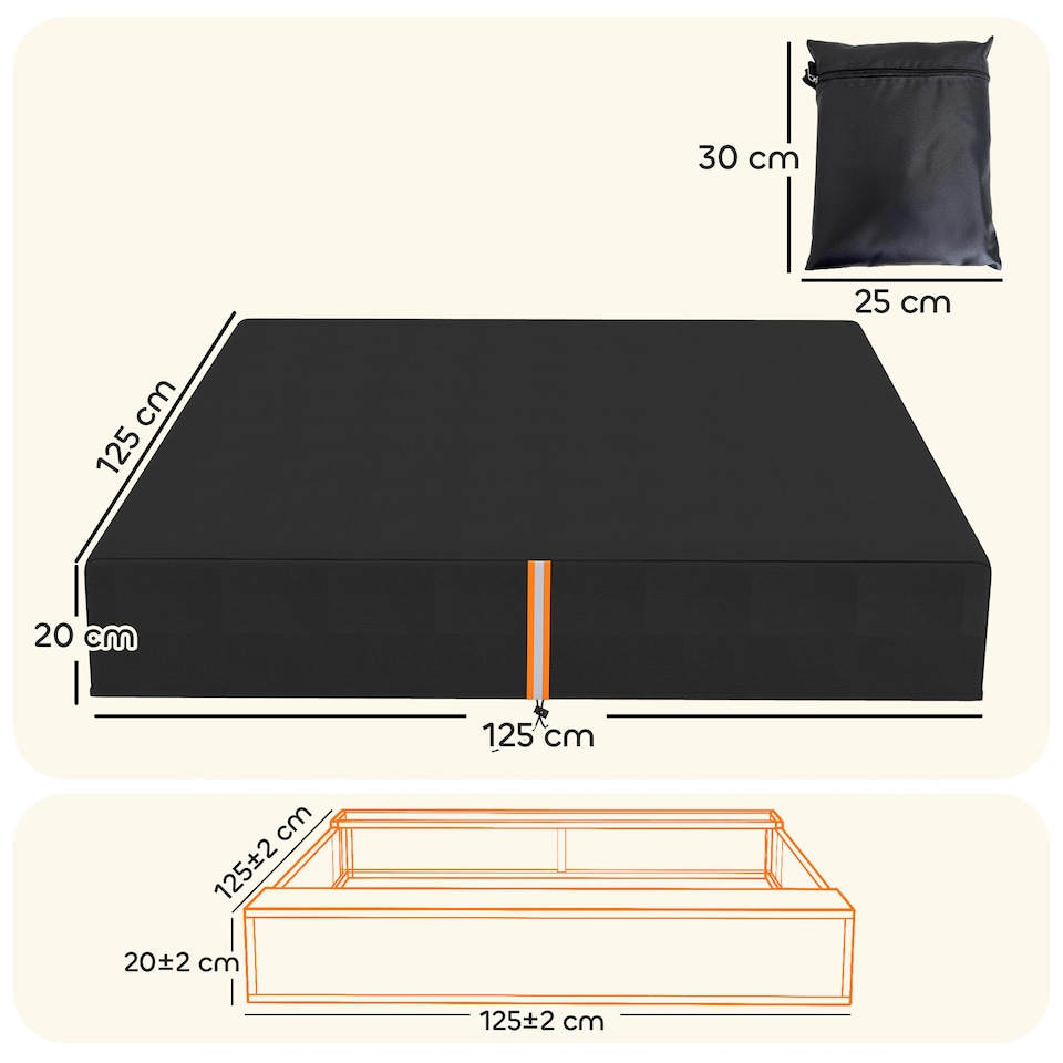 image 1 of AIYAPLAY Sandbox Cover, Square Sandpit Cover with Drawstring & Elastic Band | Black | Black with orange reflective strip | 125 x 125 x 20 cm