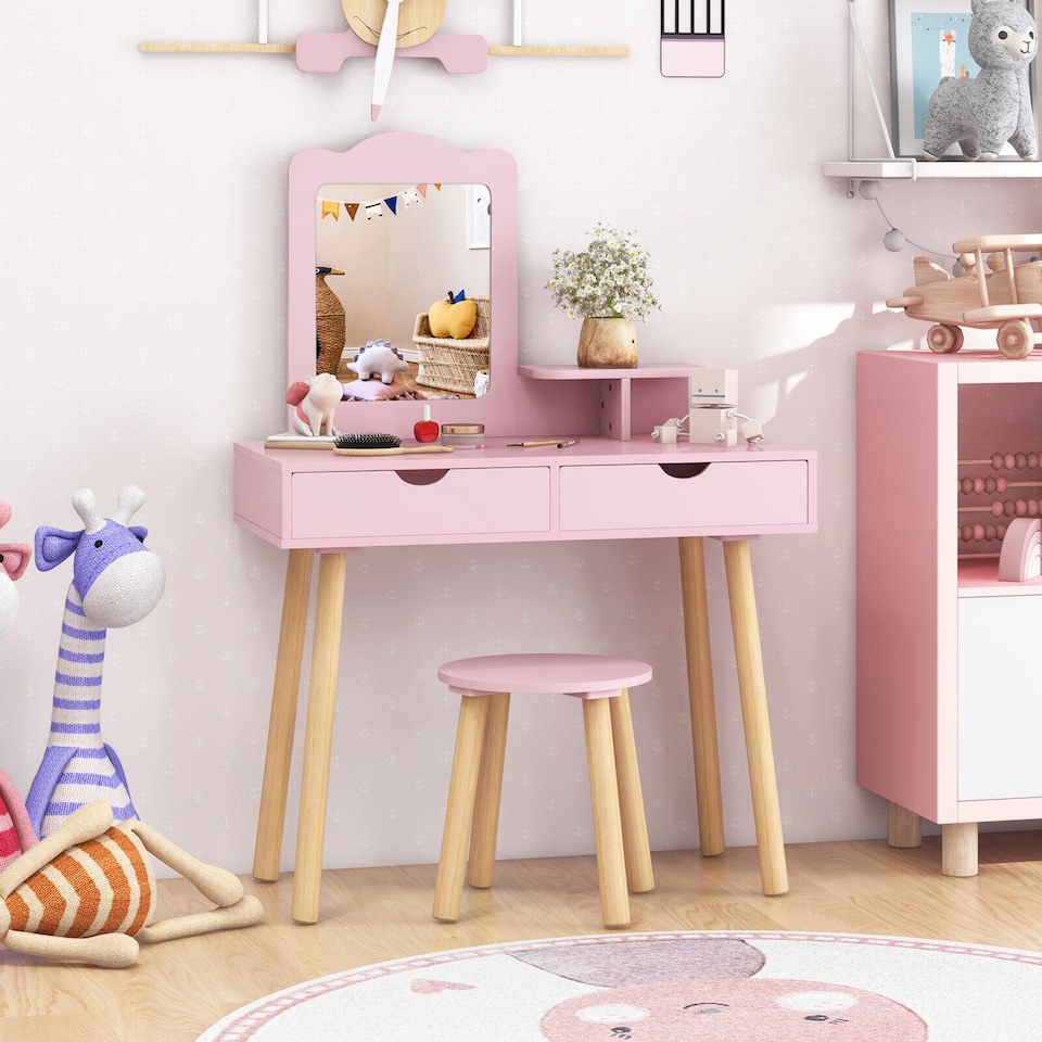 image 1 of COSTWAY 2-in-1 Kids’ Vanity Set Kids Wood Vanity Table Pink