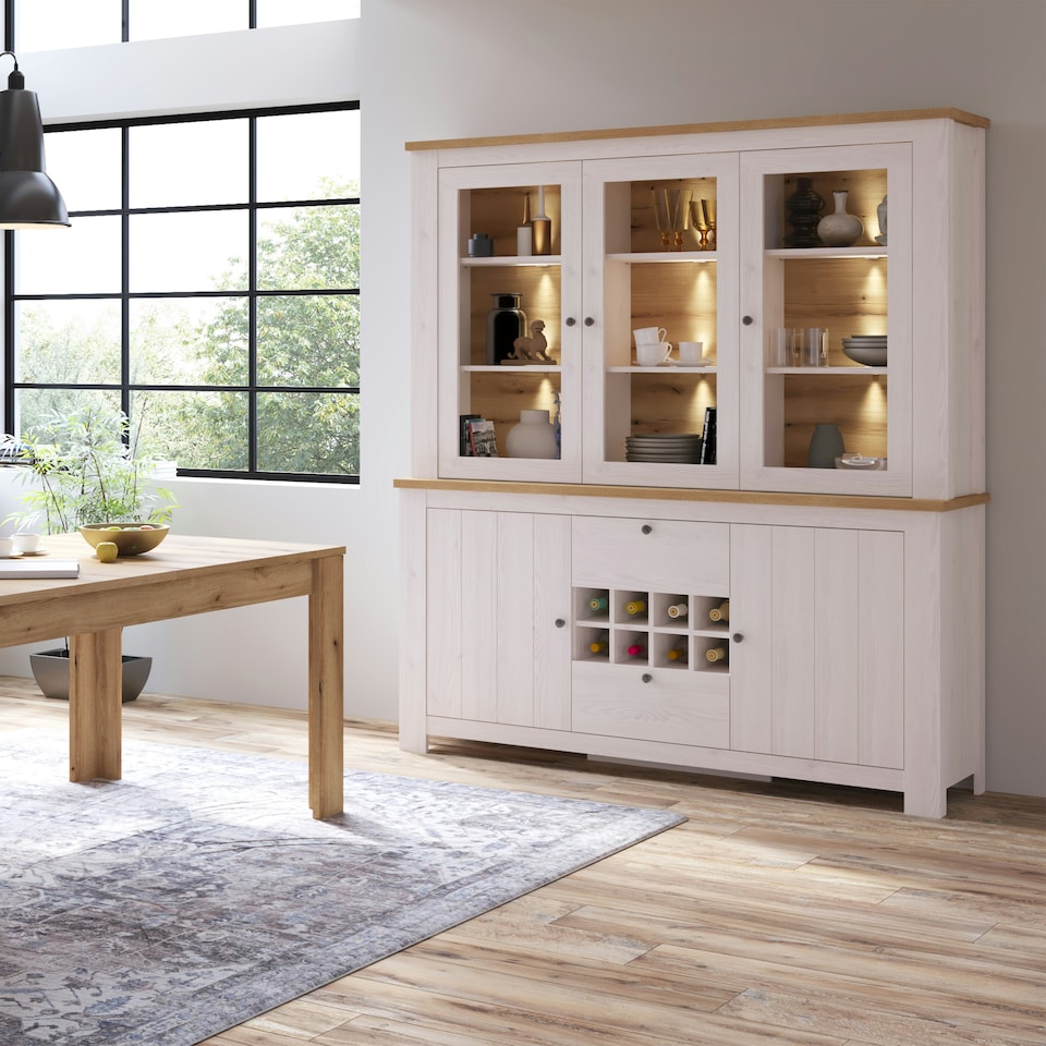 image 1 of Celesto 2 Door 2 Drawer Sideboard with 3 Door Display Top Unit in White and Oak