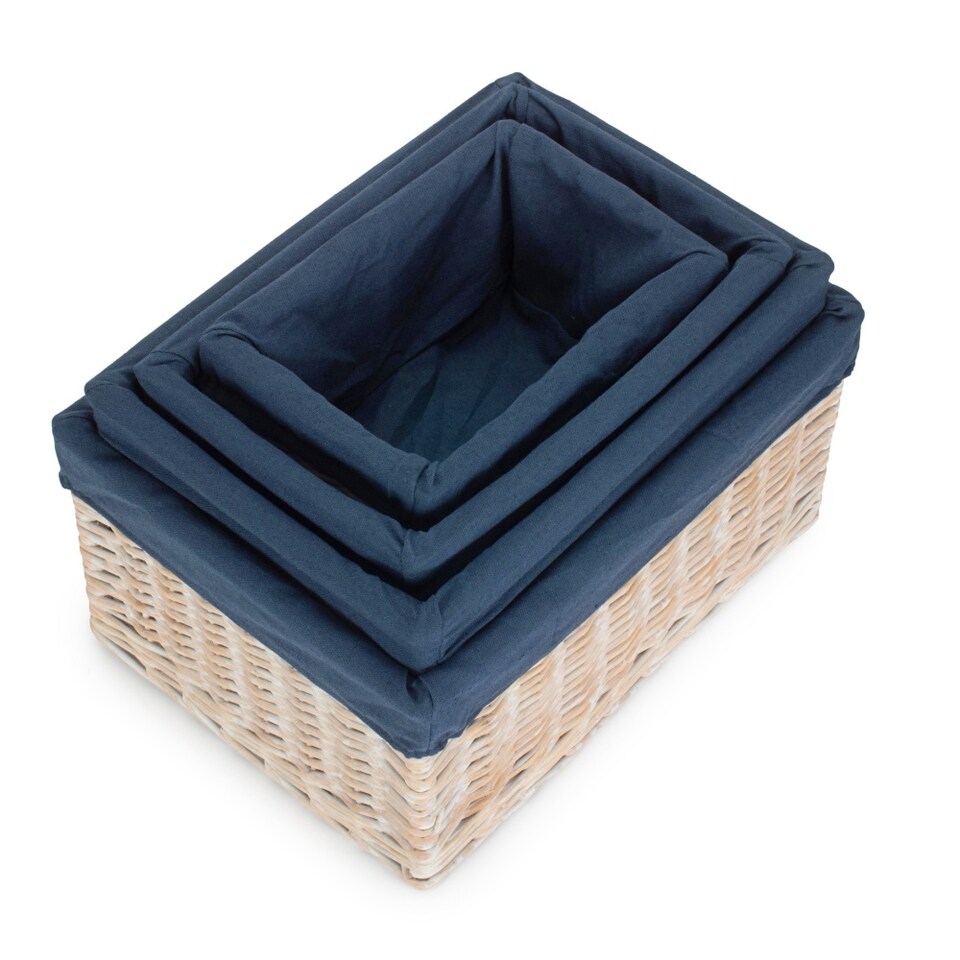 image 1 of Set of 4 White Wash Navy Lined Open Storage Baskets | Blue | Blue | Not provided