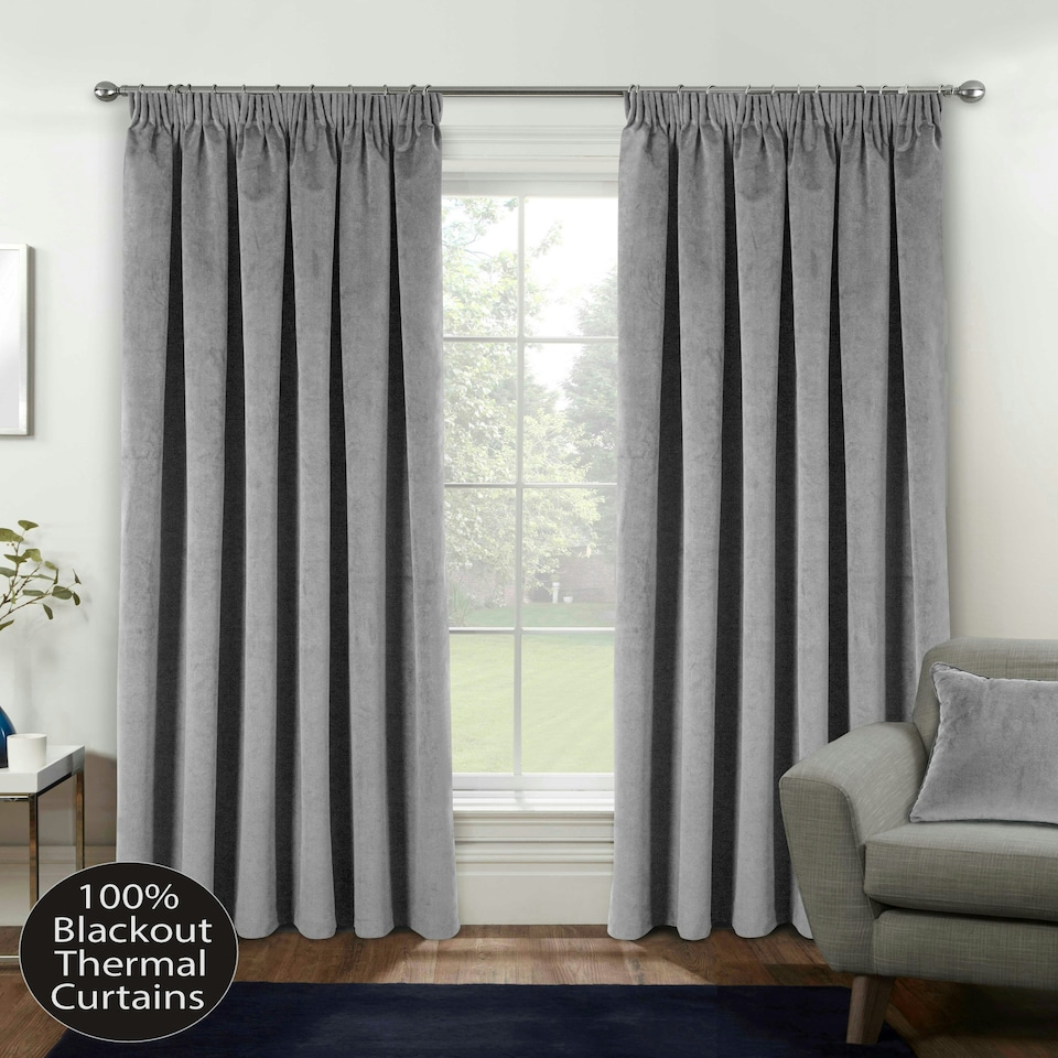 image 1 of Oxford Grey Velvet Curtains 90 x 72 inch (229 x 183 cm) 100% Blackout Pencil Pleat Thermal Noise Reducing Curtains for Bedroom and Living Room