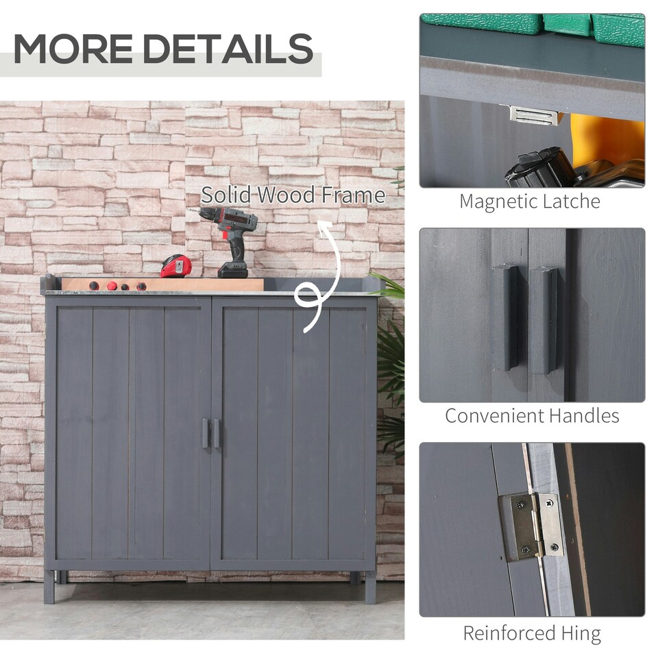 image 1 of Outsunny Garden Storage Cabinet Potting Bench Table with Galvanized Top, Grey