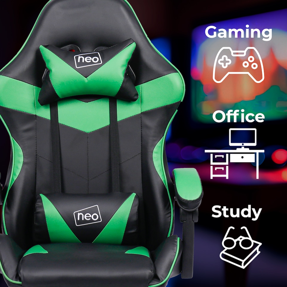 image 1 of Neo Gaming Chair Green & Black Leather with Footrest
