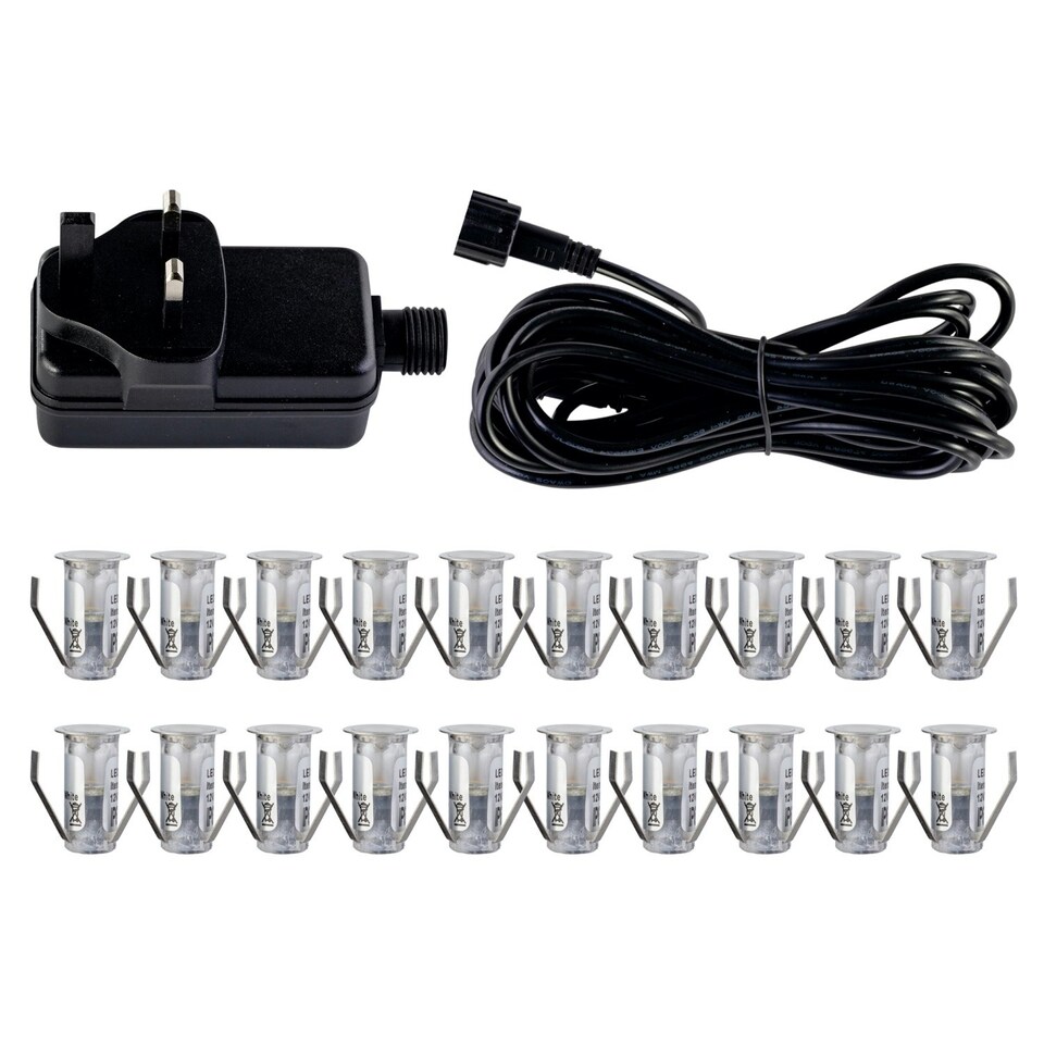 image 1 of Set of 20 - 15mm Stainless Steel IP67 Warm White LED Decking Kit Chrome | Clear