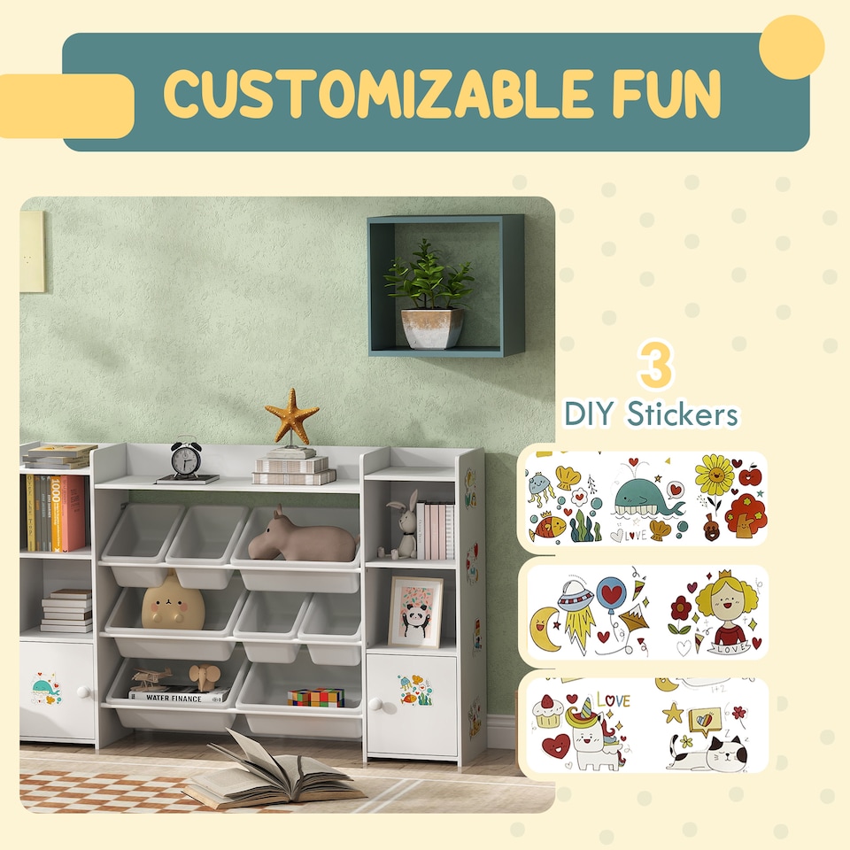 image 1 of AIYAPLAY Kids Bookshelf and Toy Storage Organiser with 8 Removable Storage Bins, Toy Organisers with Bookshelf for Playroom, Nursery, Kids Room, White