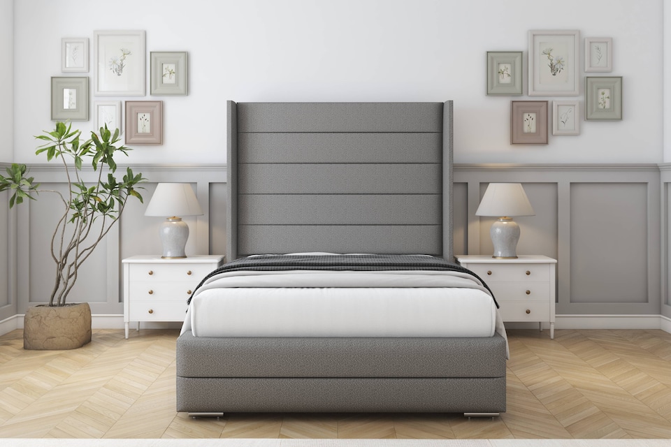 image 1 of Sloomy Sterling Pewter Dumfries Bed Frame With Mattress With 50"  Upholstered Wingback Headboard 2'6 Small Single