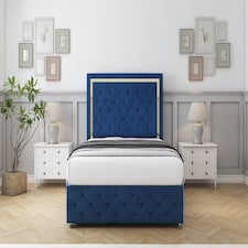 Sloomy Sofia Gold Navy Plush Divan Bed With Mattress 2 Drawers Left Side With 54" Floor Standing Headboard & 12" Matching Footboard 2'6 Small Single | Blue | Navy | Small Single | 1