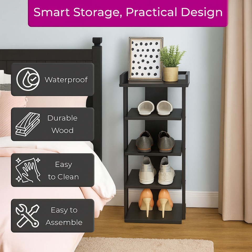 image 1 of Neo Black Multi-Layer Wooden Shoe Rack Durable Storage Organiser Boots Sneakers Heels Space Saving Entryway Shelf | Black