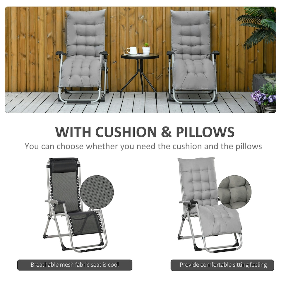 image 1 of Outsunny 2 PCS Reclining Zero Gravity Chair Folding Lounger Cushion Light Grey