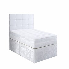 6ft Superking White Crushed Velvet Divan Bed Set Orthopaedic Mattress with Cube Headboard 4 Drawers