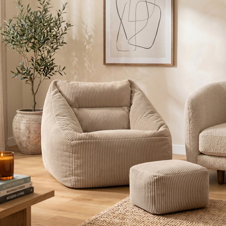 image 1 of Natalia Large Beanbag and Pouffe Set Corduroy Natural Beige | Cream | Natural | XL | 2