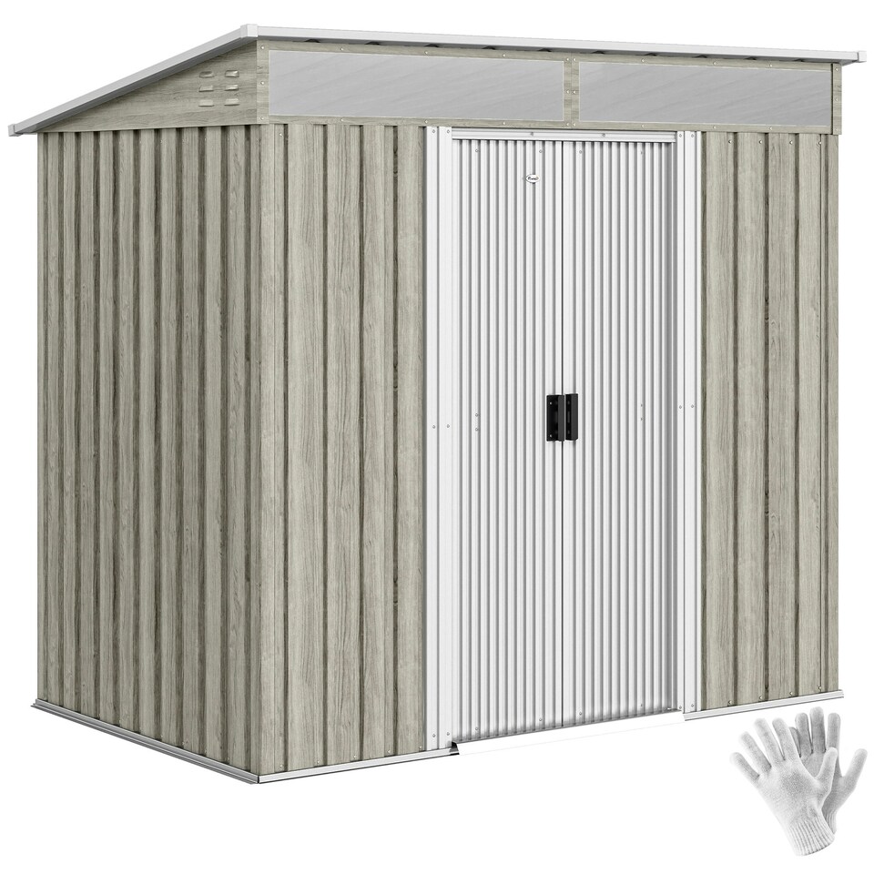 image 1 of Outsunny 6.5x4FT Garden Shed Lockable Metal Tool Shed Light Grey Wood Effect Grey | Light Grey