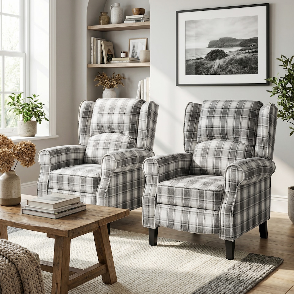 image 1 of HOMCOM Recliner Chair for Living Room Wingback Chair with Padded Armrest | Black | Grey and White Check | Not provided