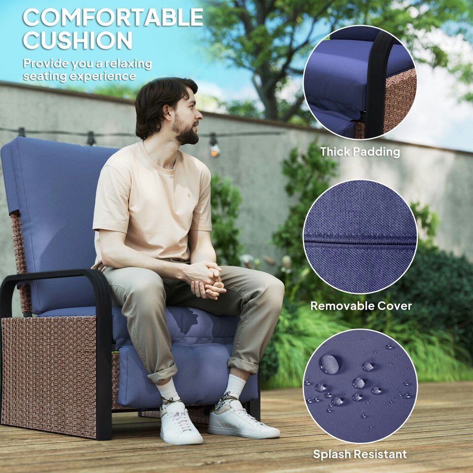 image 1 of Outsunny Rattan Garden Recliner Chair Sun Lounger w/ Side Tray Blue