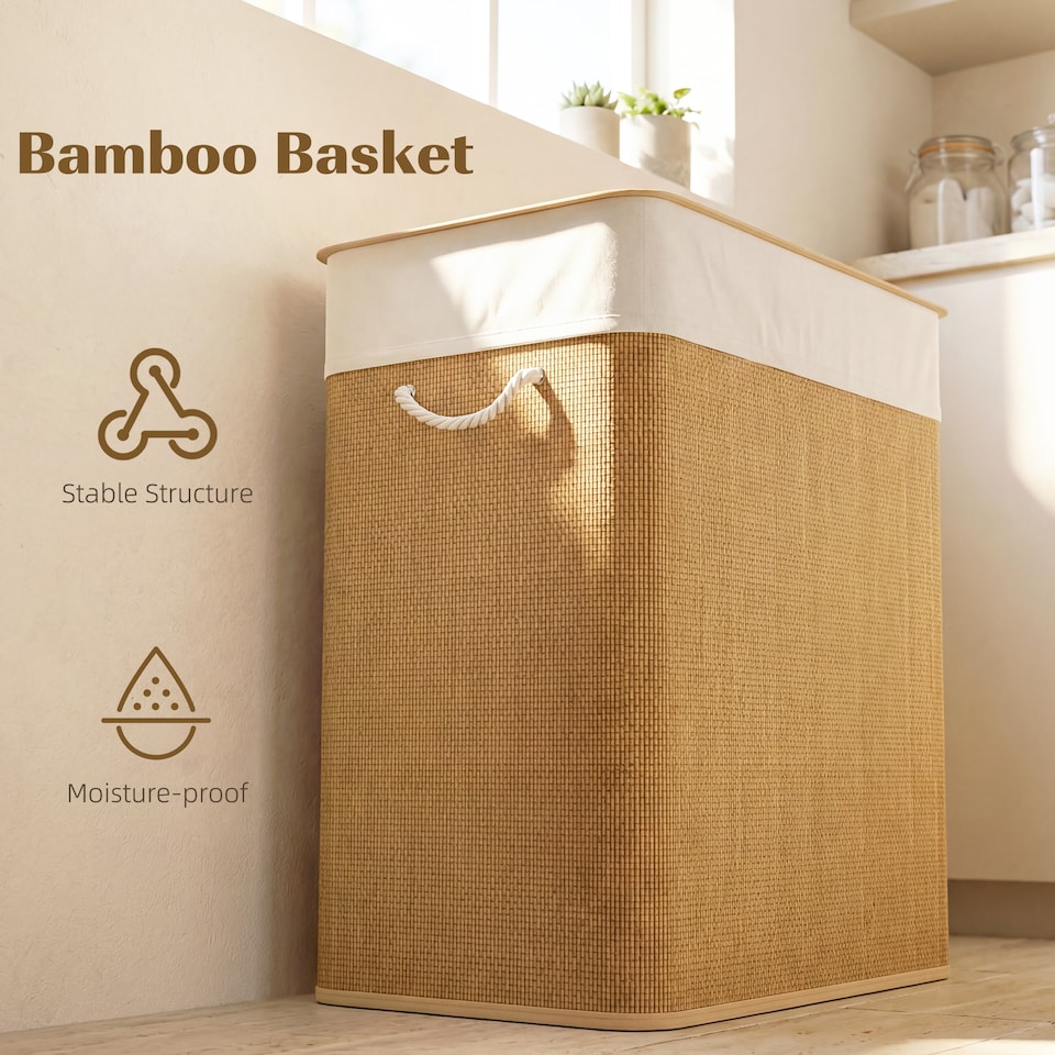 image 1 of HOMCOM 100L Laundry Basket with Lid, Washing Basket for Bathroom, Brown | Brown | Cream White