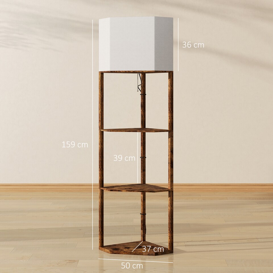 image 1 of HOMCOM Corner Floor Lamp with Shelves, Modern Tall Standing Lamp with Chain Switch for Living Room, Bedroom, Bulb Not Included, Rustic Brown