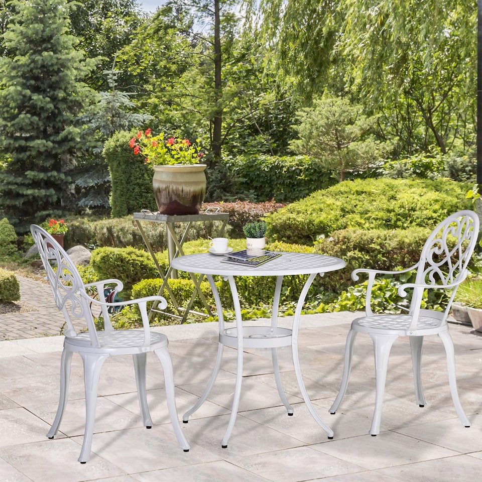 image 1 of Outsunny 3PCs Garden Bistro Set Cast Aluminium Round Table with 2 Chairs White