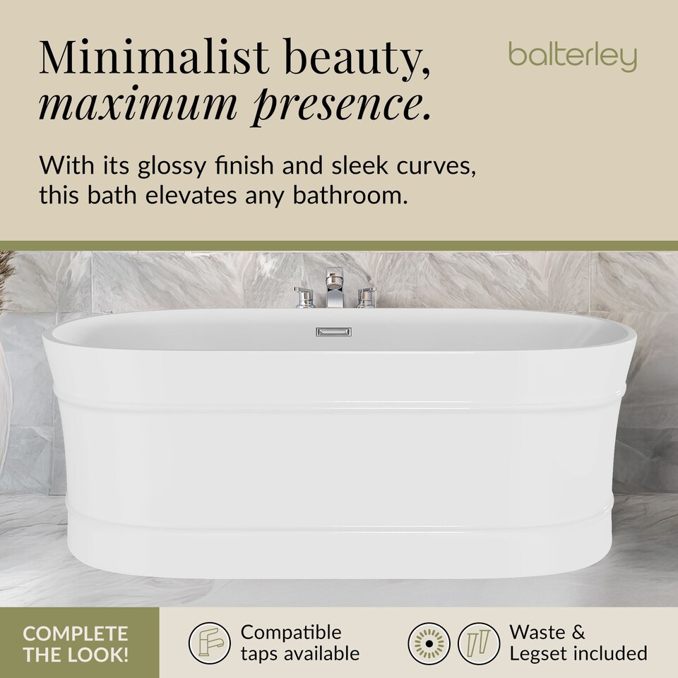 image 1 of Balterley Oval Freestanding Bath with Layered Rim Design: Modern Double-Ended Acrylic Bath | White | White | 1600 x 780 x 580mm
