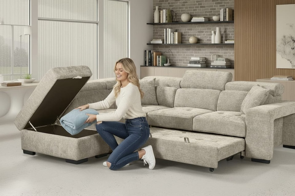 image 1 of Pale Blue Chenille Fabric 1C2 Corner Sofabed with Storage and Ottomans AMELIA