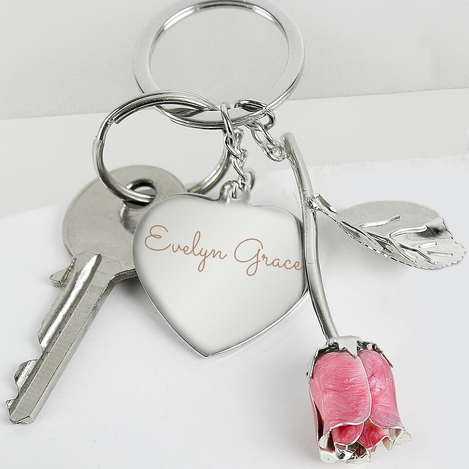 image 1 of Personalised Silver Plated Name Pink Rose Keyring