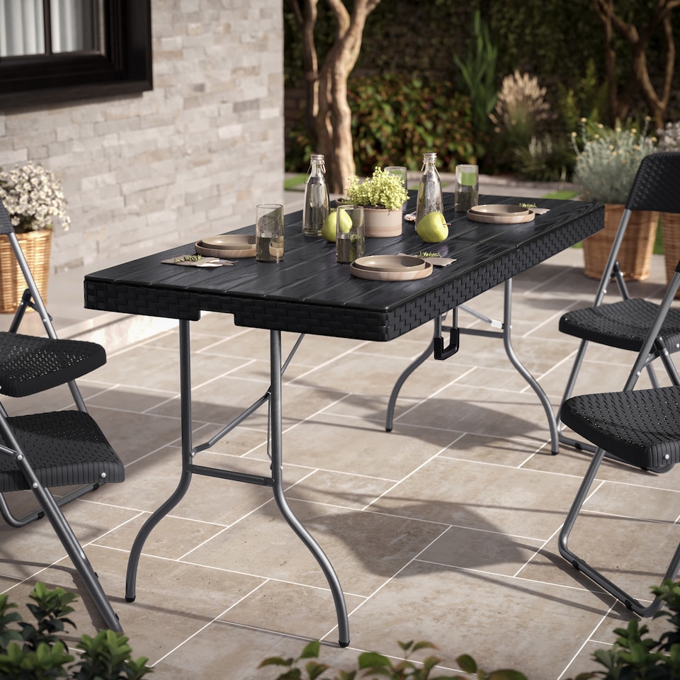 image 1 of 5Ft Rattan Effect Garden Folding Table and Chairs Garden Set - Black | Black | 5