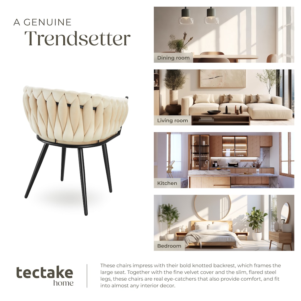 image 1 of Dining Chair Astano - padded, velvet, knot design, continuous backrest | Cream | sand | 2