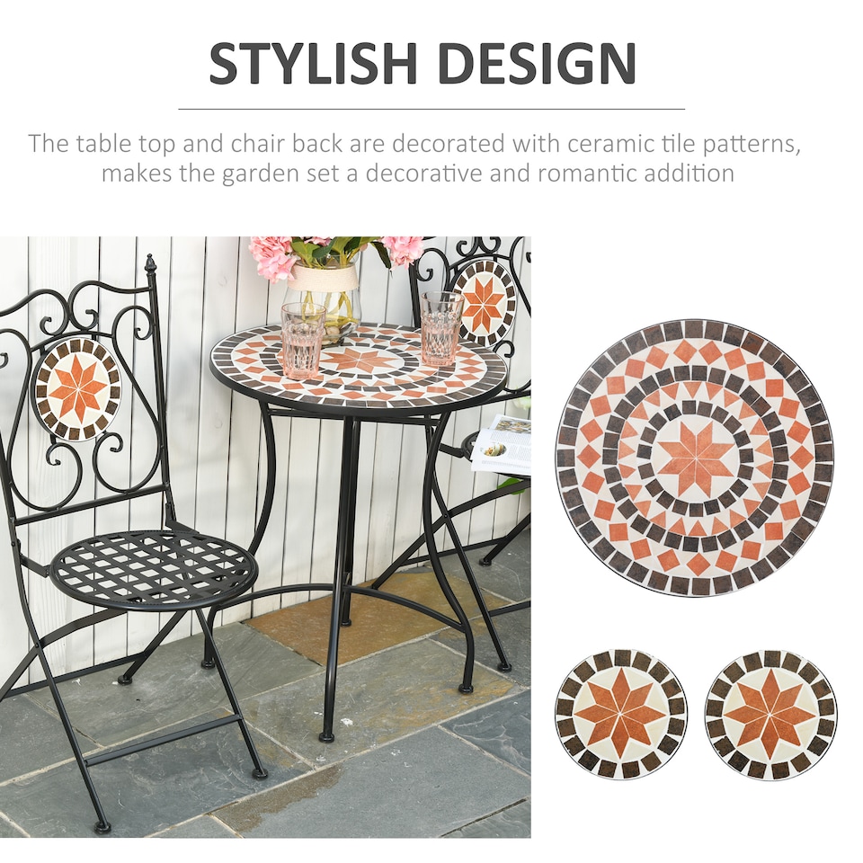 image 1 of Outsunny 3PCs Garden Set 1 Ceramic Tile Round Table and 2 Foldable Chairs