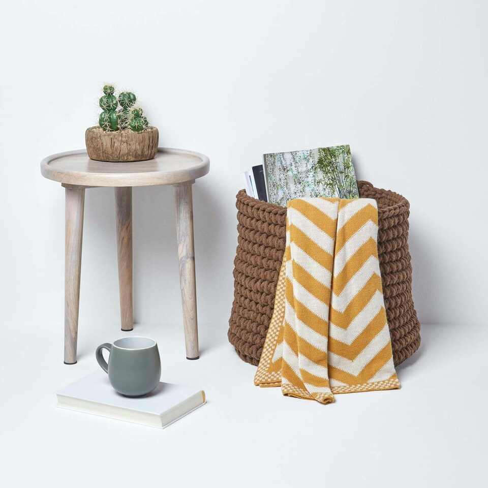 image 1 of Homescapes Chocolate Cotton Knitted Round Storage Basket - 42 x 37cm Brown | L