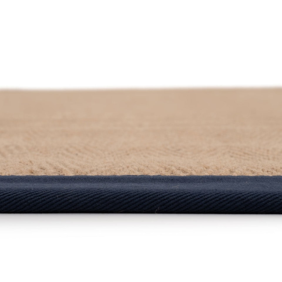 image 1 of KUKOON Beige Natural Jute Herringbone Pattern Non Slip Navy Border Rug 200cm x 290cm
