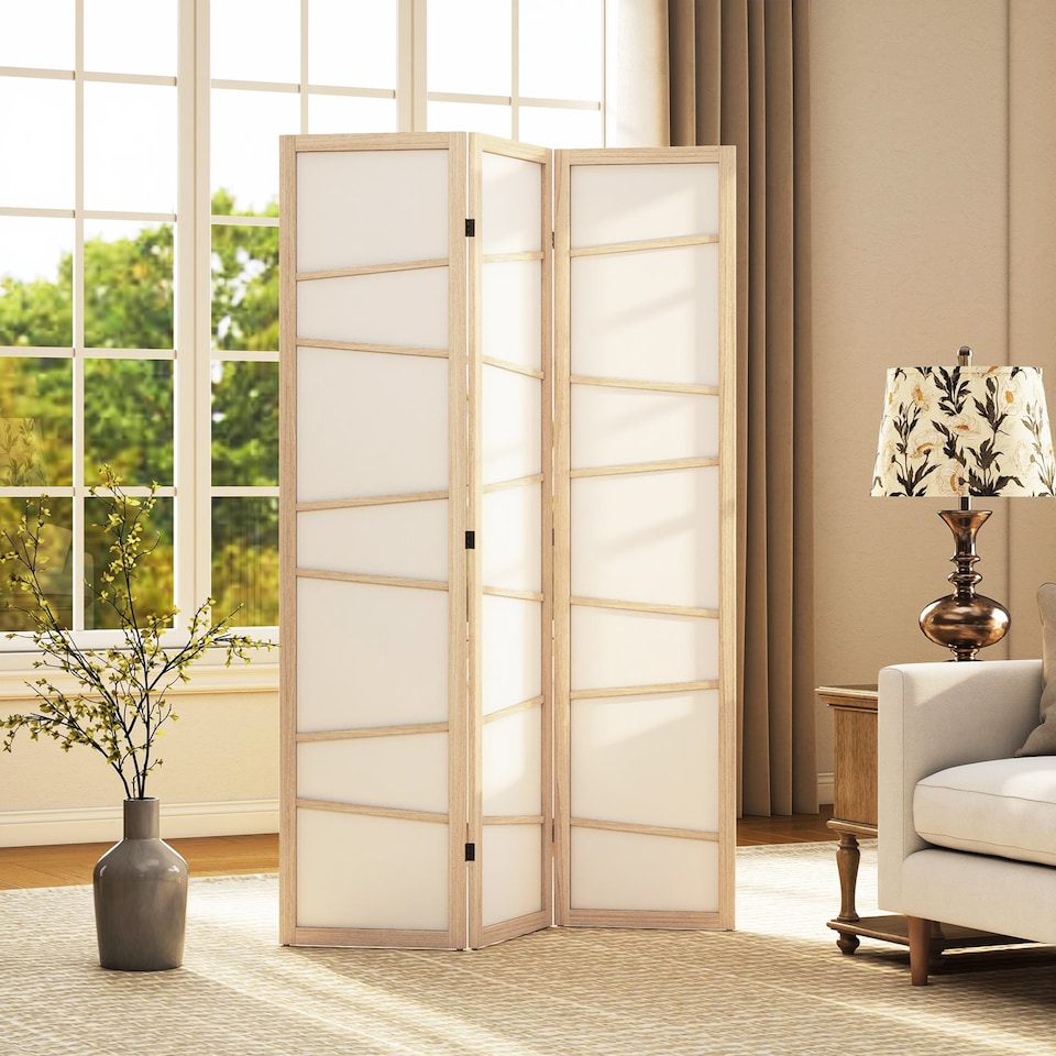 image 1 of HOMCOM Room Divider, Screen Protector with Frame, Natural Wood Finish