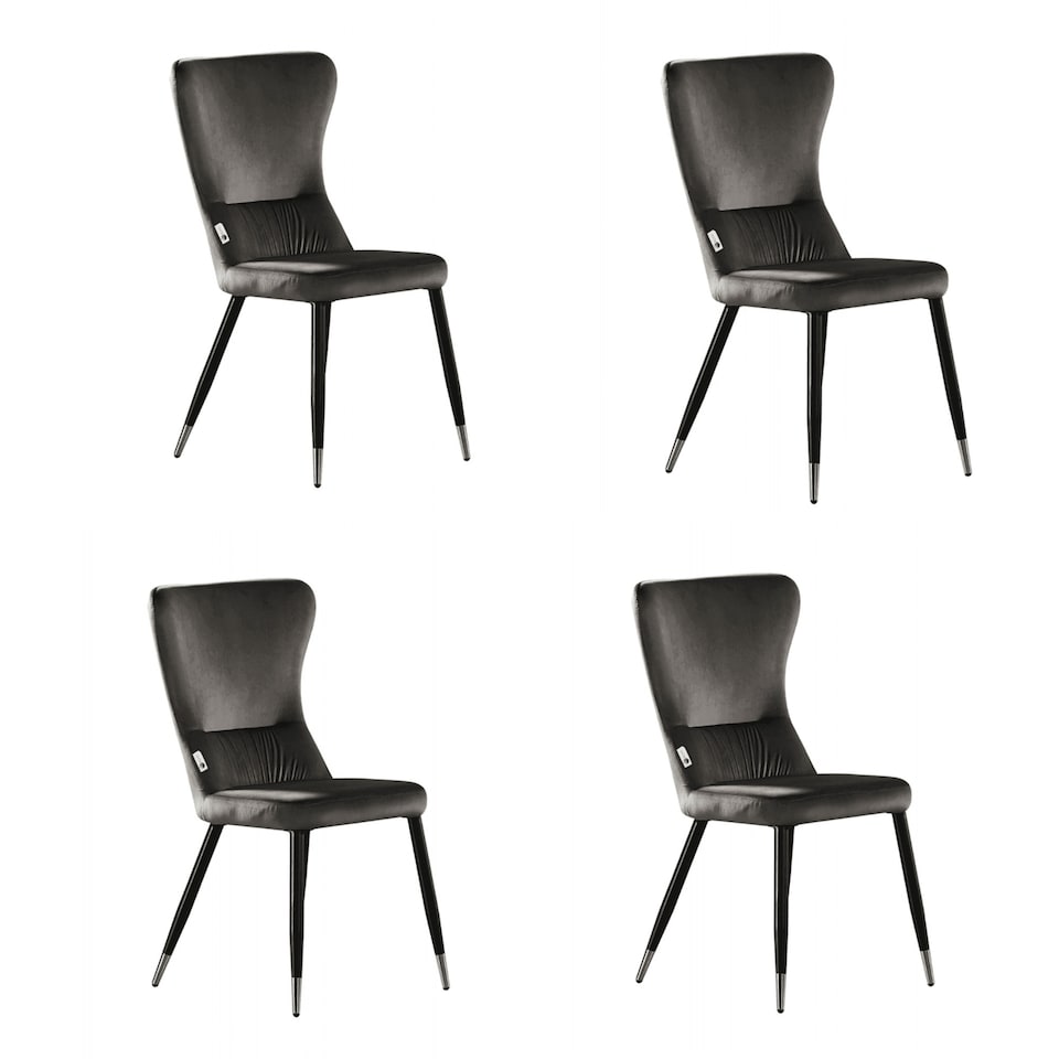 image 1 of Set of 4 New York Modern Velvet Dining Chairs with High Back, Black Metal Legs | Grey | Gold End Tips
