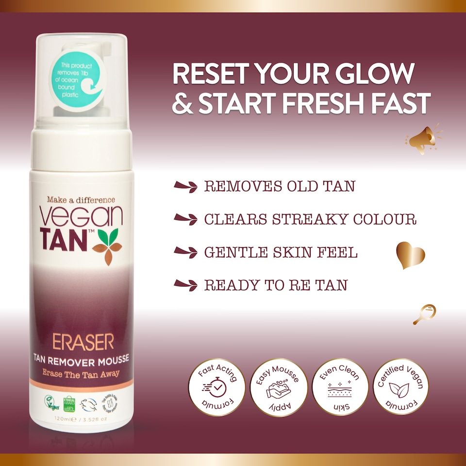 image 1 of VeganTan Tan Eraser Mousse, 5 Minute Action Fake Tan Remover, Gentle on the Skin, Effortlessly Removes Self Tan Stains and Streaks 120ml