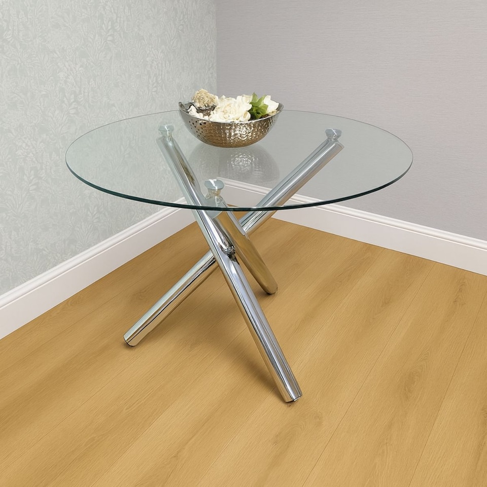 image 1 of Round Clear Glass Dining Table with Chrome Metal Legs and 4 Black Faux Leather Chairs, Modern Dining Set