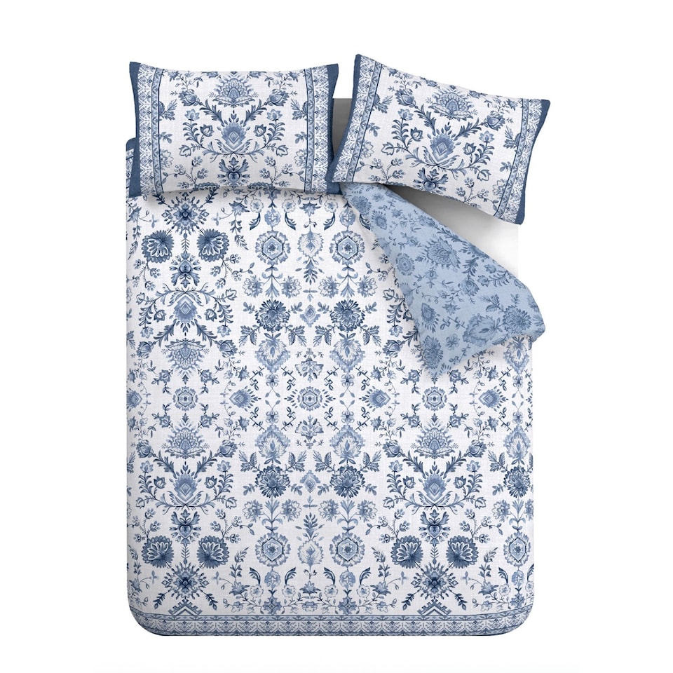 image 1 of Catherine Lansfield Zoukara Floral Reversible Duvet Cover Set | Blue | Double