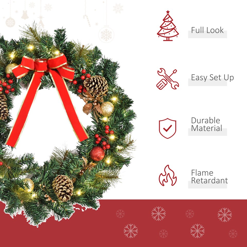 image 1 of HOMCOM Pre-Lit Artificial Christmas Door Wreath Holly Garland Decor 20 LED