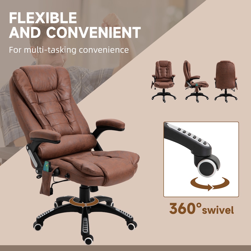 image 1 of Vinsetto Office Chair, Ergonomic Desk Chair with 6-Point Massage and Back Heated, Microfiber Cloth Computer Gaming Chair with Arms, Lumbar Support, Brown