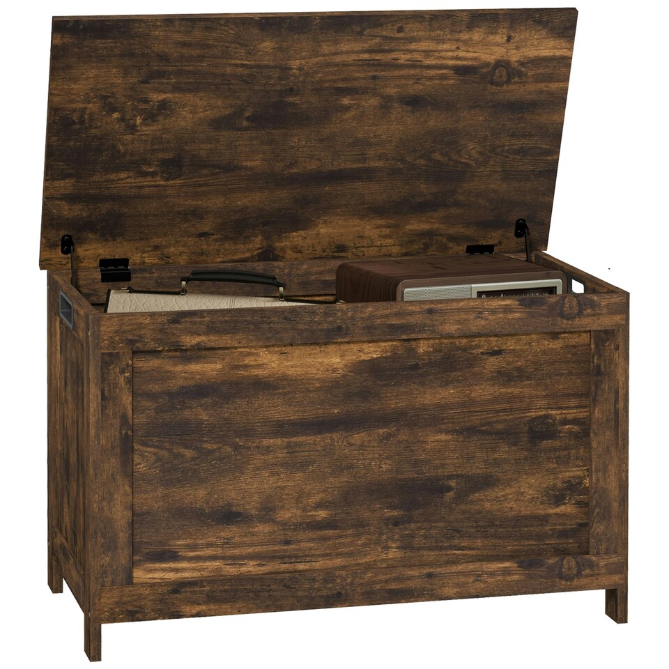 image 1 of HOMCOM Storage Chest with 2 Safety Hinges, Storage Bench, Rustic Brown Brown